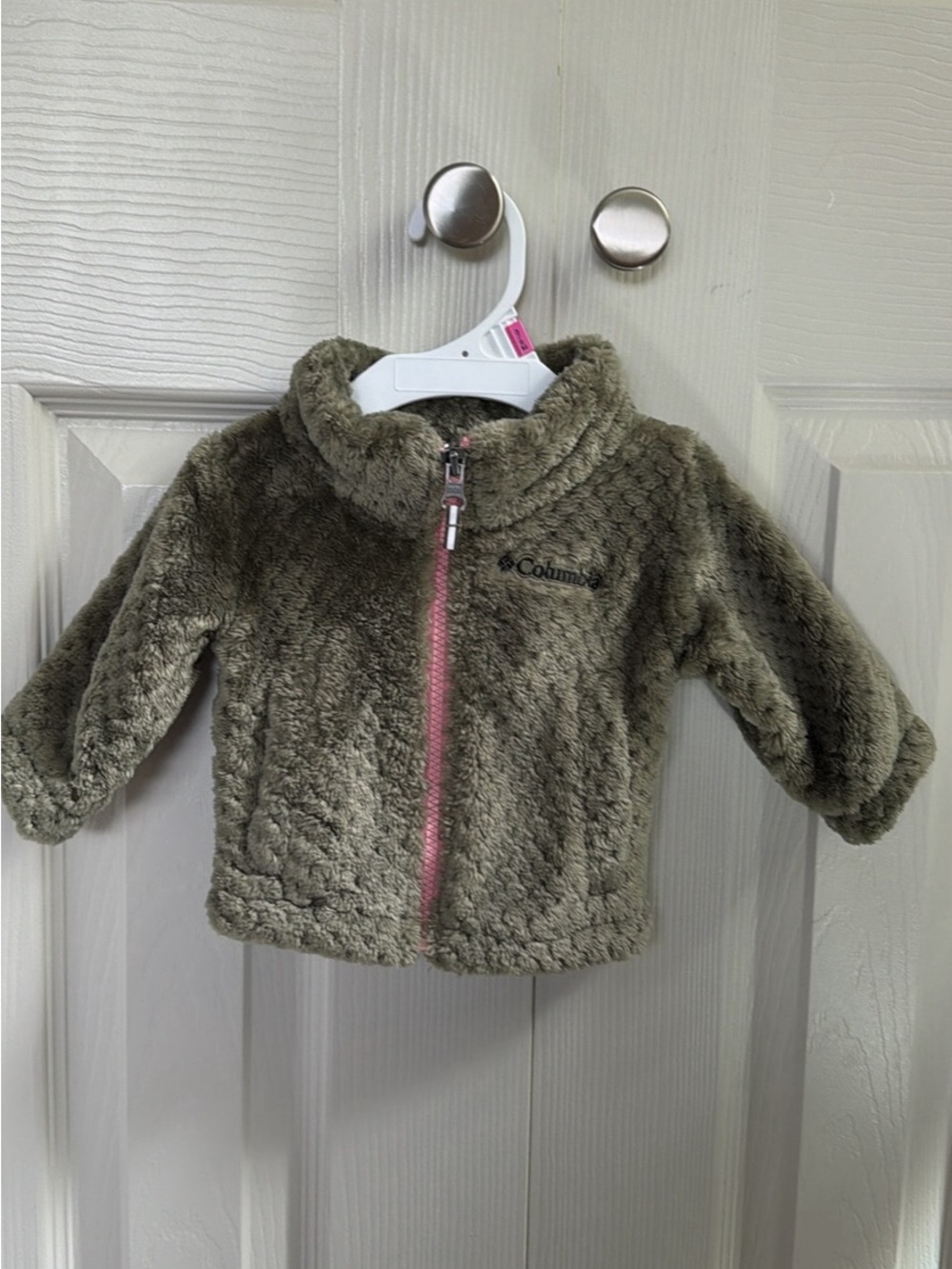 Columbia Olive Plush Baby Jacket with Pink Zipper